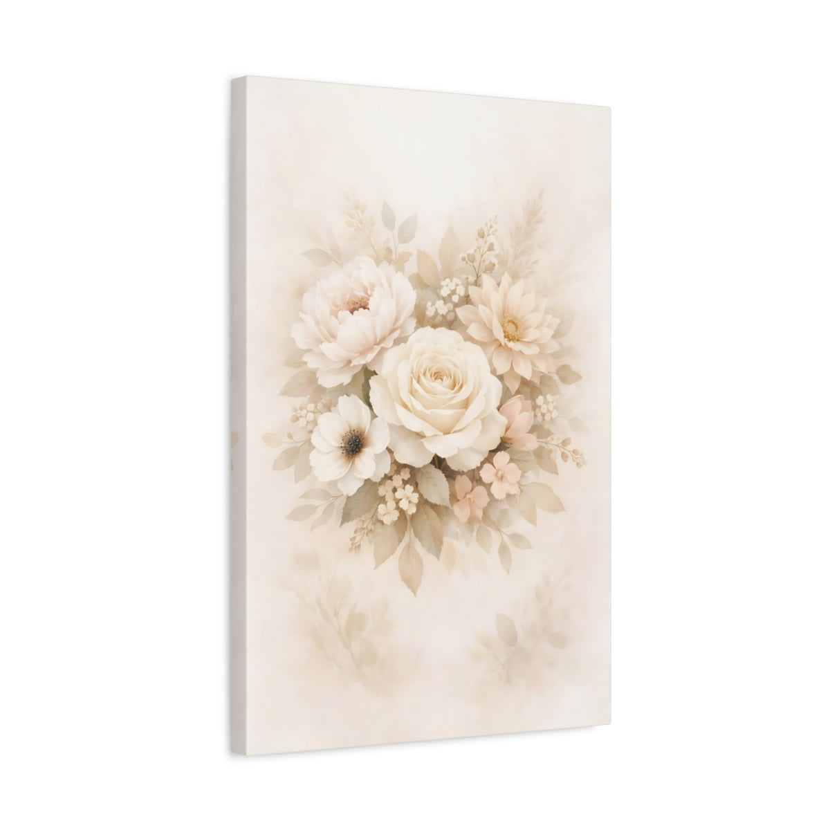 Side Mockup 3. Floral Floral Bouquet Beige And Peach shown as stretched canvas wall art