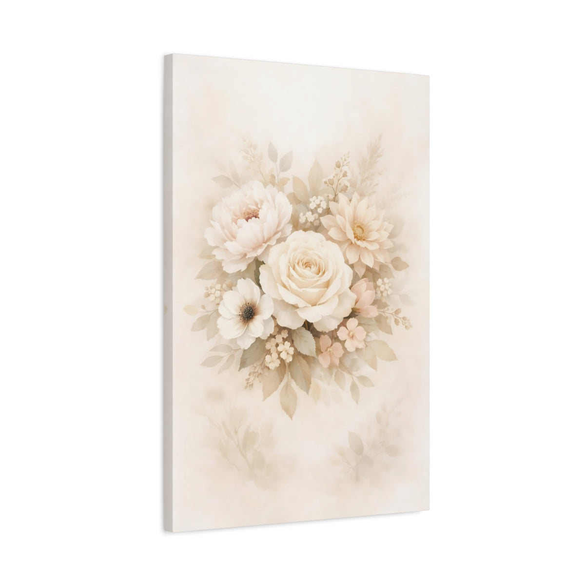 Side Mockup 2. Floral Floral Bouquet Beige And Peach shown as stretched canvas wall art
