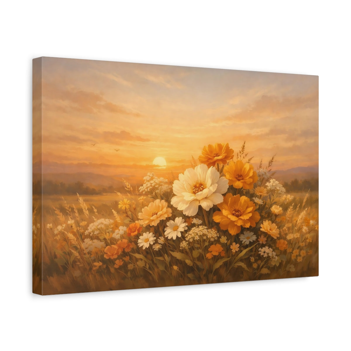 Side Mockup 4. Floral Golden Sunset shown as stretched canvas wall art