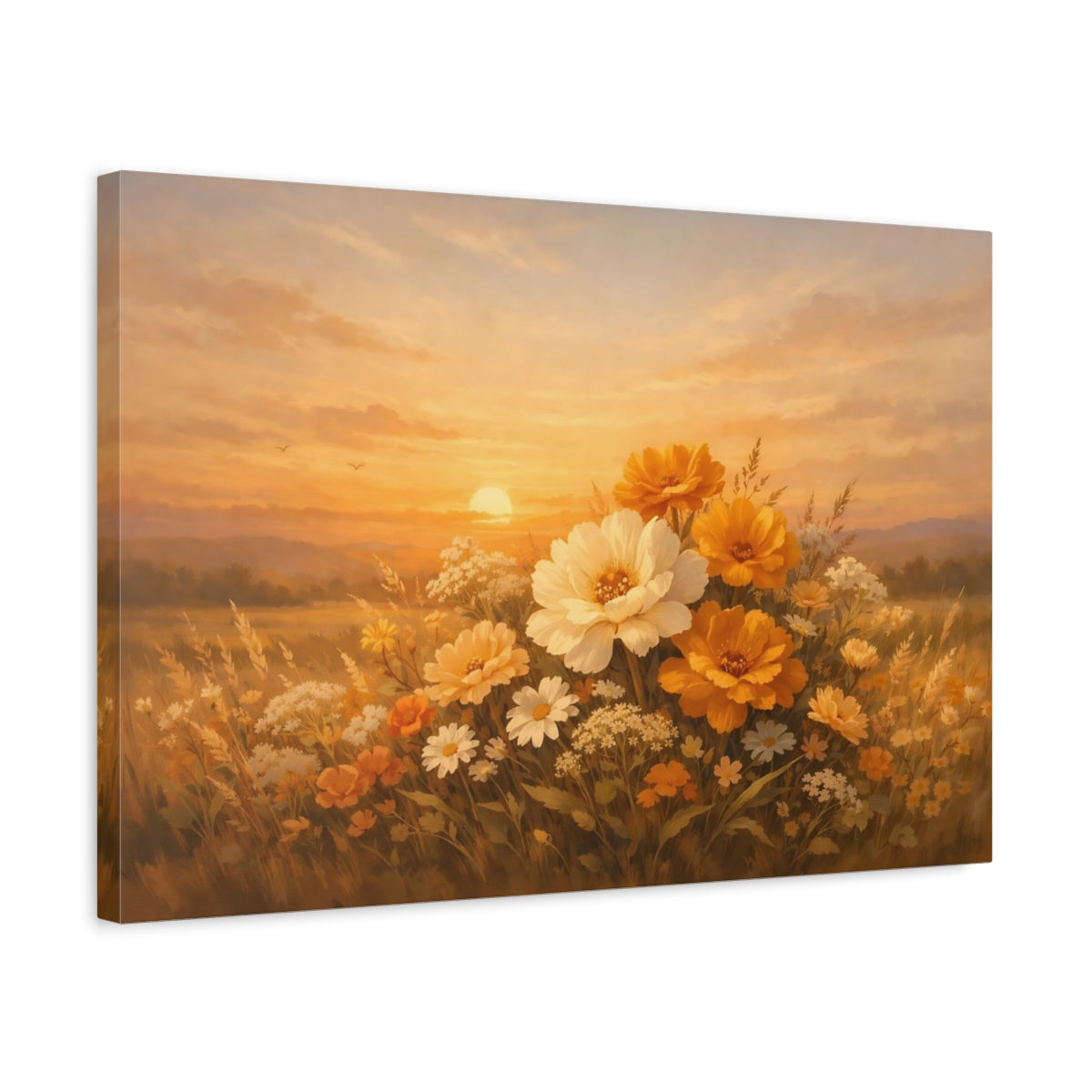 Side Mockup 3. Floral Golden Sunset shown as stretched canvas wall art