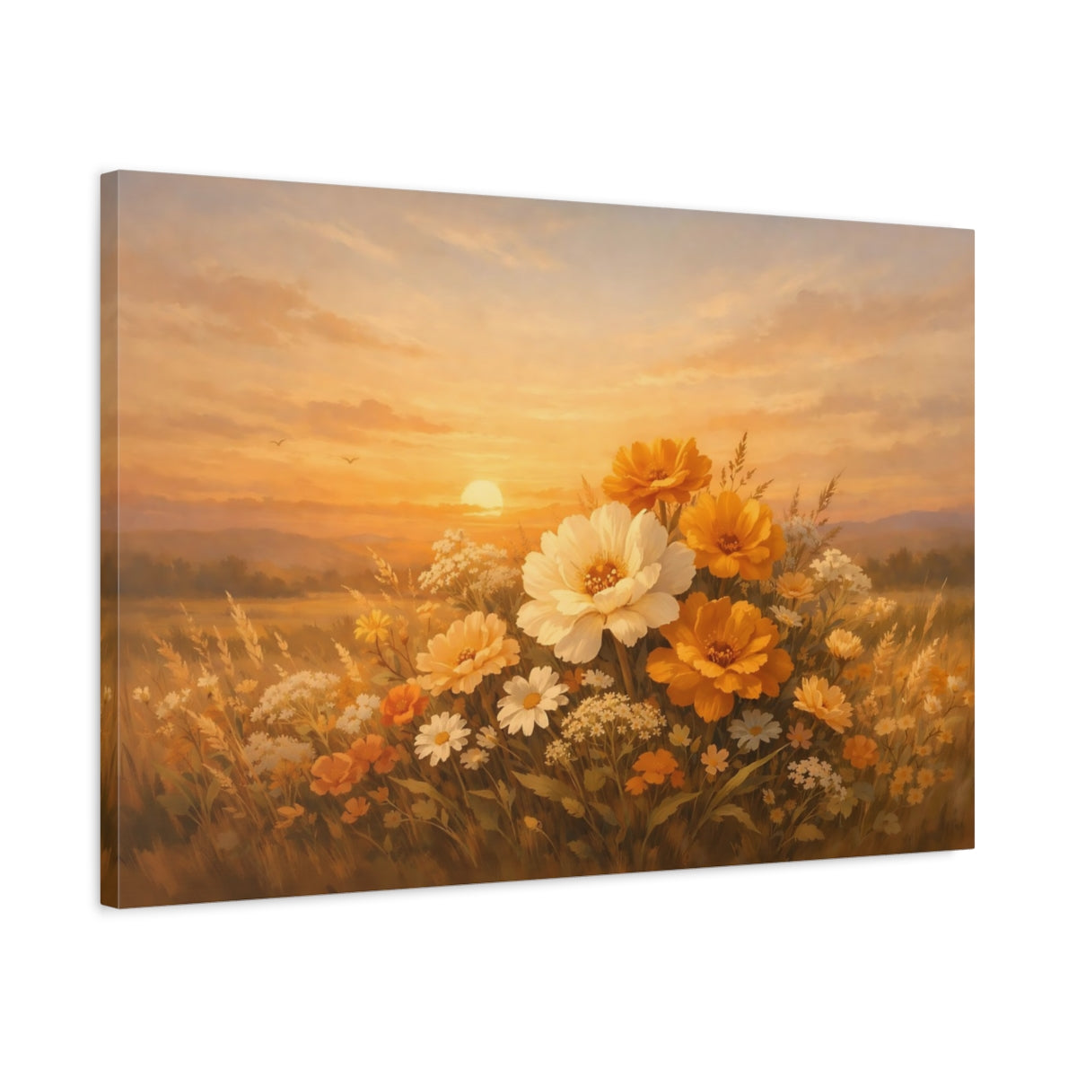 Side Mockup 2. Floral Golden Sunset shown as stretched canvas wall art
