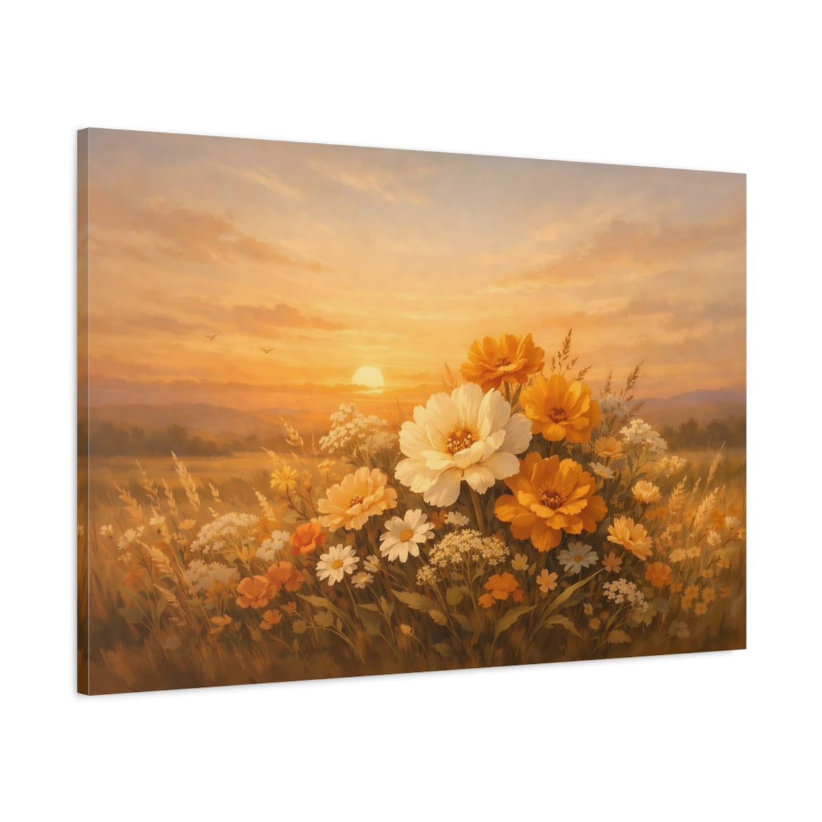 Side Mockup 1. Floral Golden Sunset shown as stretched canvas wall art