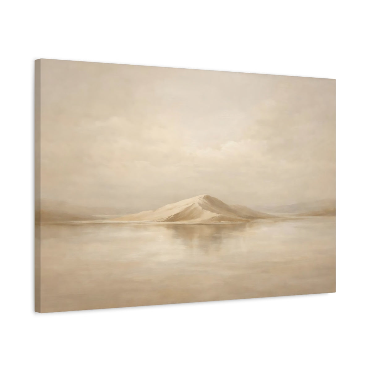Side Mockup 2. Nature Mountain Island Warm Beige Landscape shown as stretched canvas wall art
