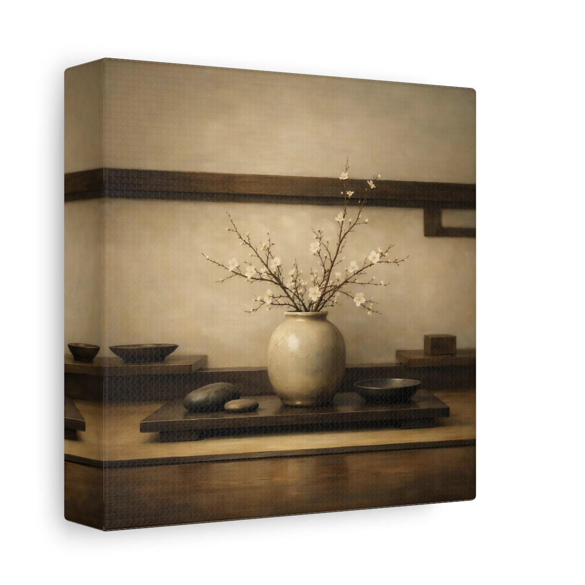 Side Mockup 1. Nature Flowering Branches Brown And White shown as stretched canvas wall art