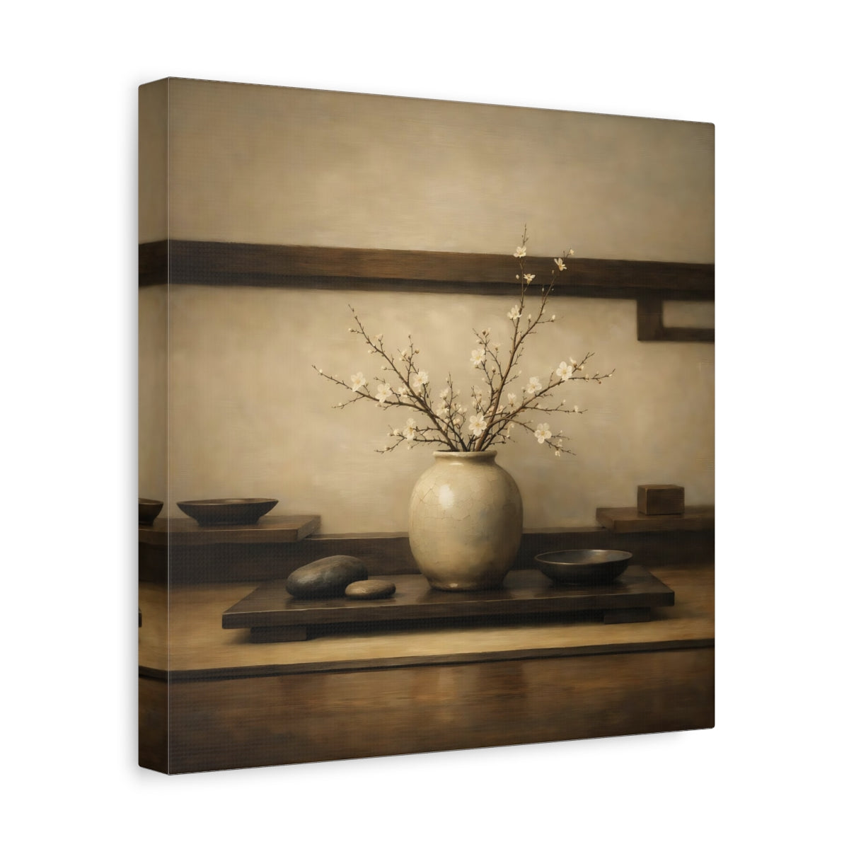 Side Mockup 8. Nature Flowering Branches Brown And White shown as stretched canvas wall art