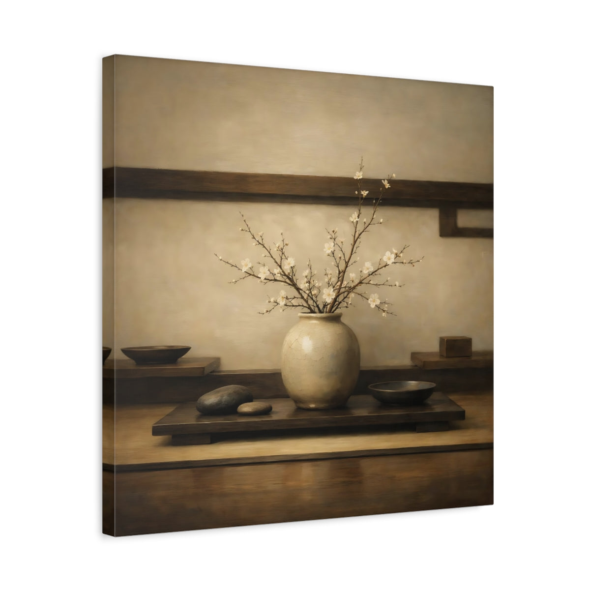 Side Mockup 5. Nature Flowering Branches Brown And White shown as stretched canvas wall art