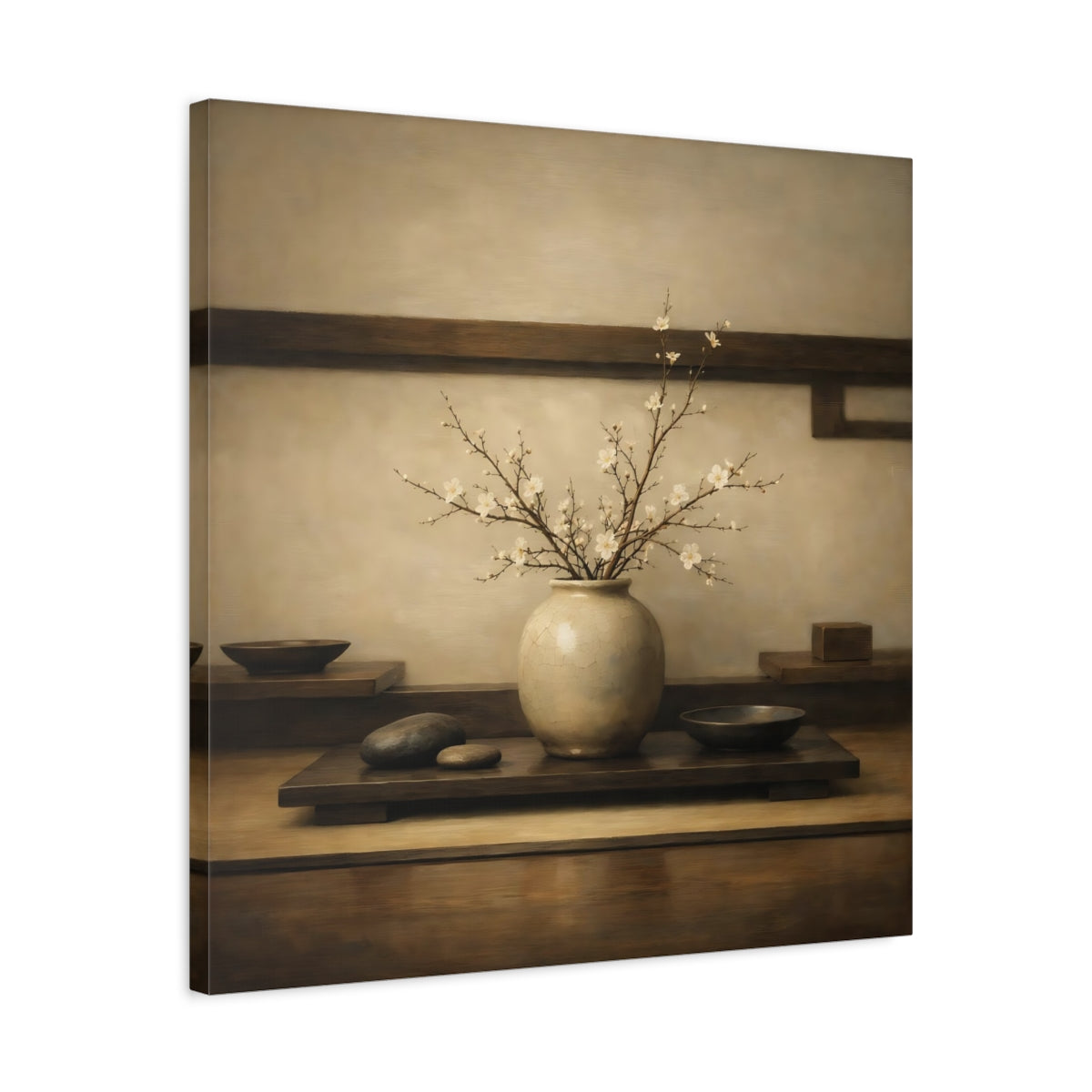 Side Mockup 4. Nature Flowering Branches Brown And White shown as stretched canvas wall art