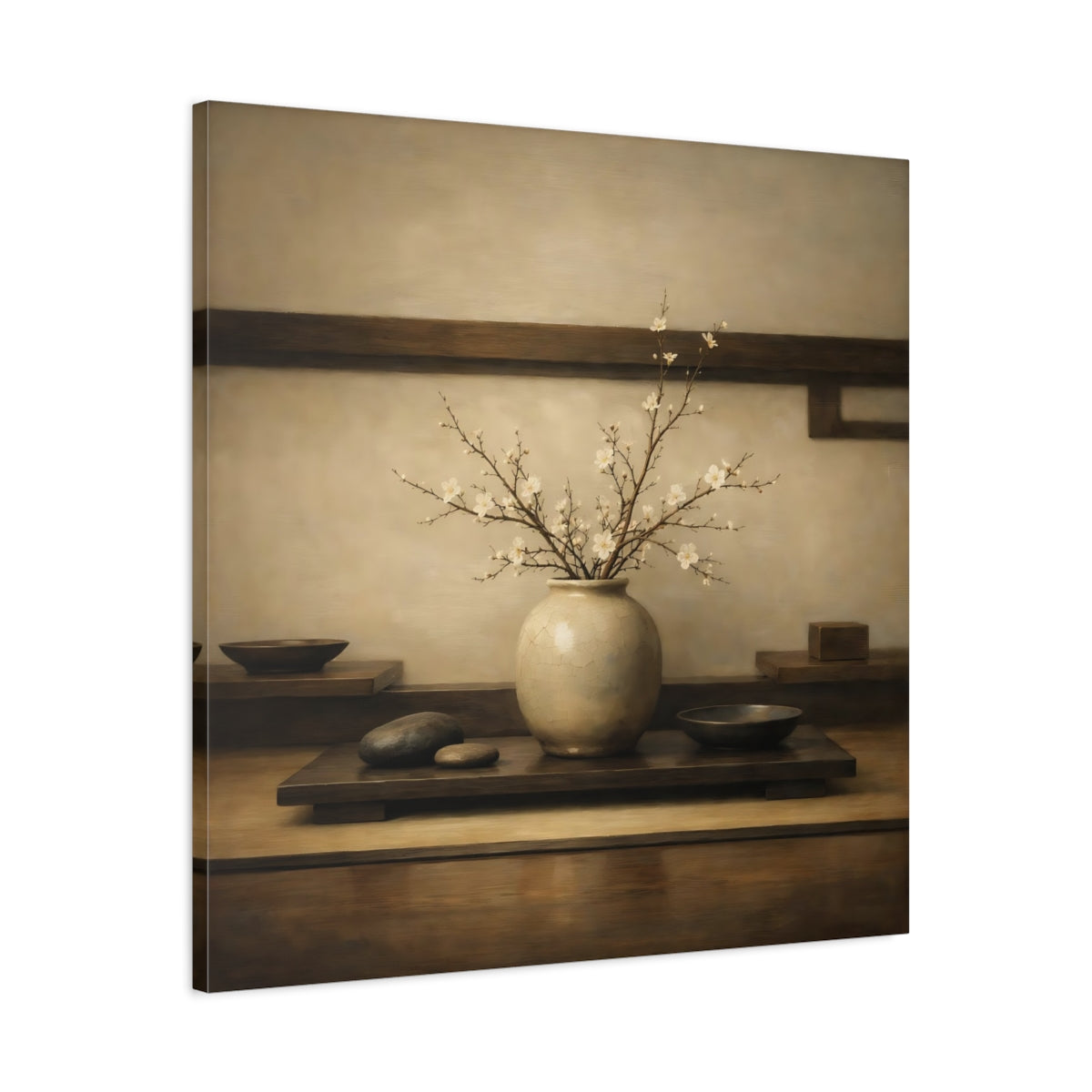 Side Mockup 3. Nature Flowering Branches Brown And White shown as stretched canvas wall art