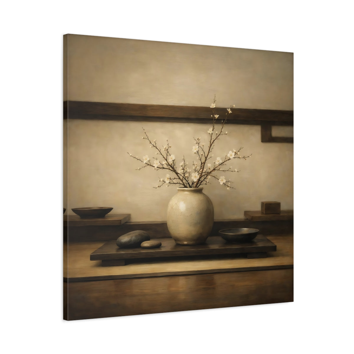 Side Mockup 2. Nature Flowering Branches Brown And White shown as stretched canvas wall art