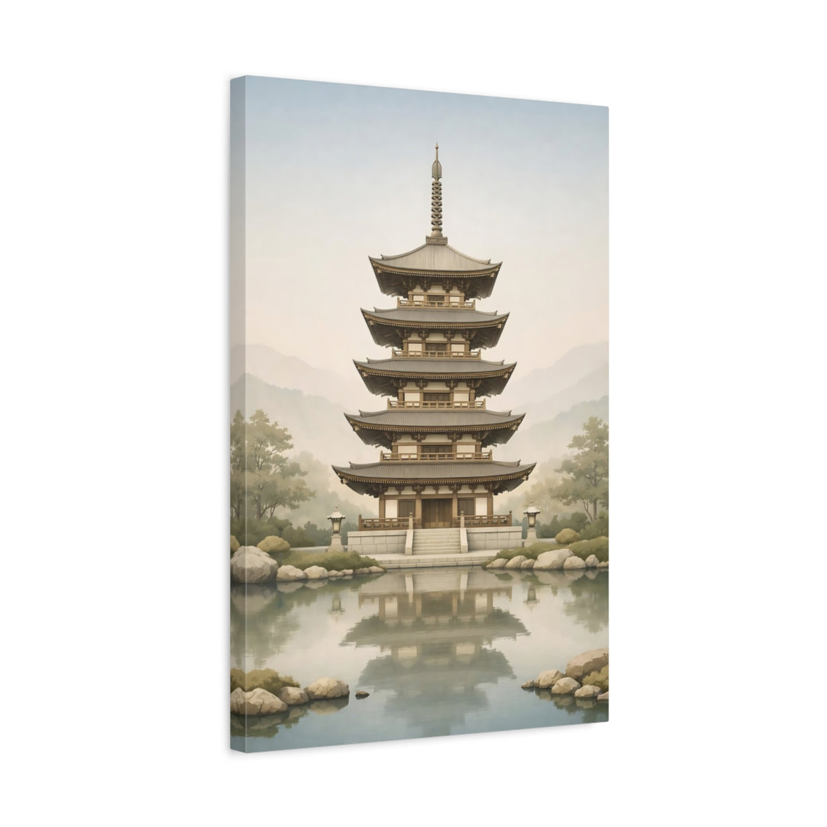 Side Mockup 3. Religious Pagoda Zen Pagoda shown as stretched canvas wall art