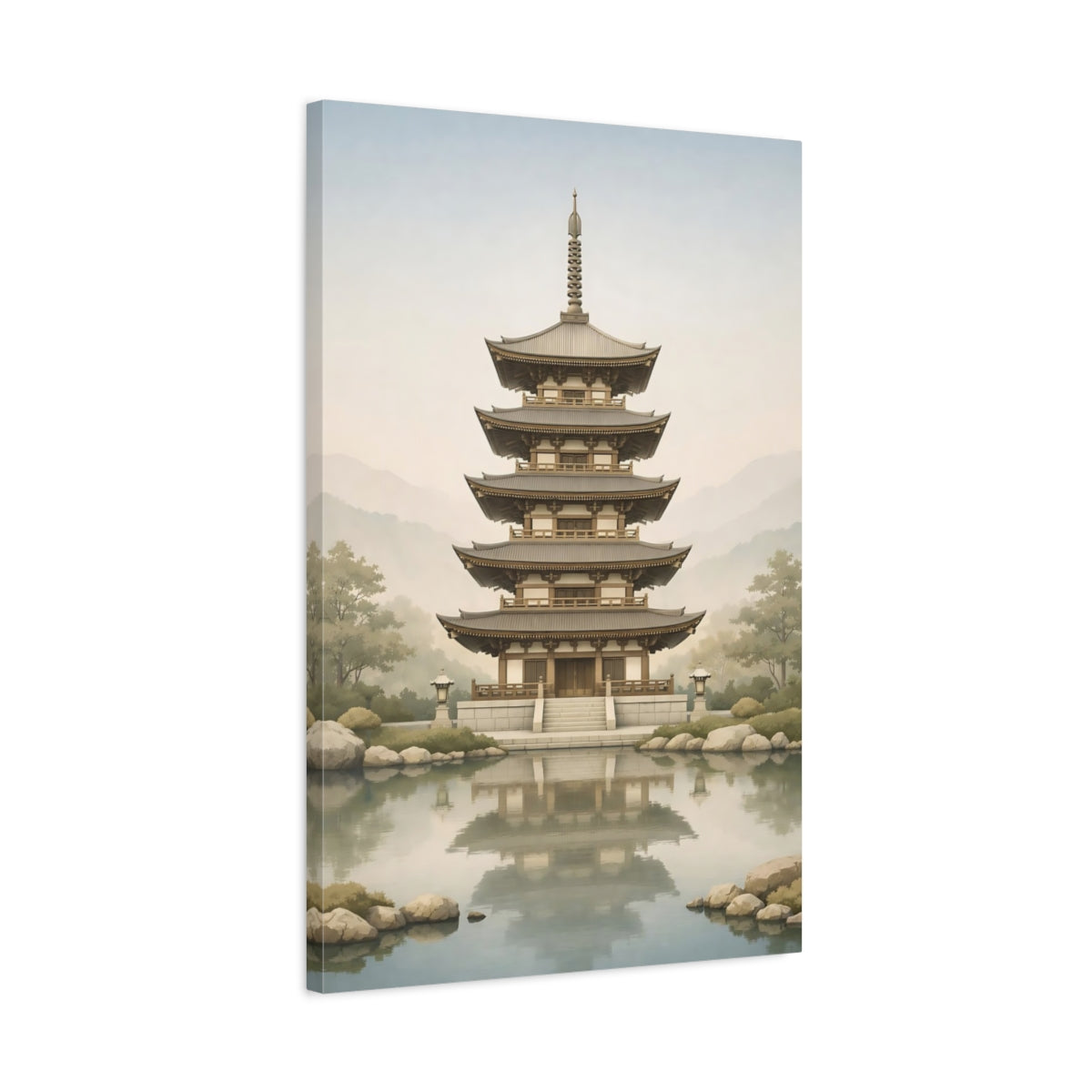 Side Mockup 2. Religious Pagoda Zen Pagoda shown as stretched canvas wall art