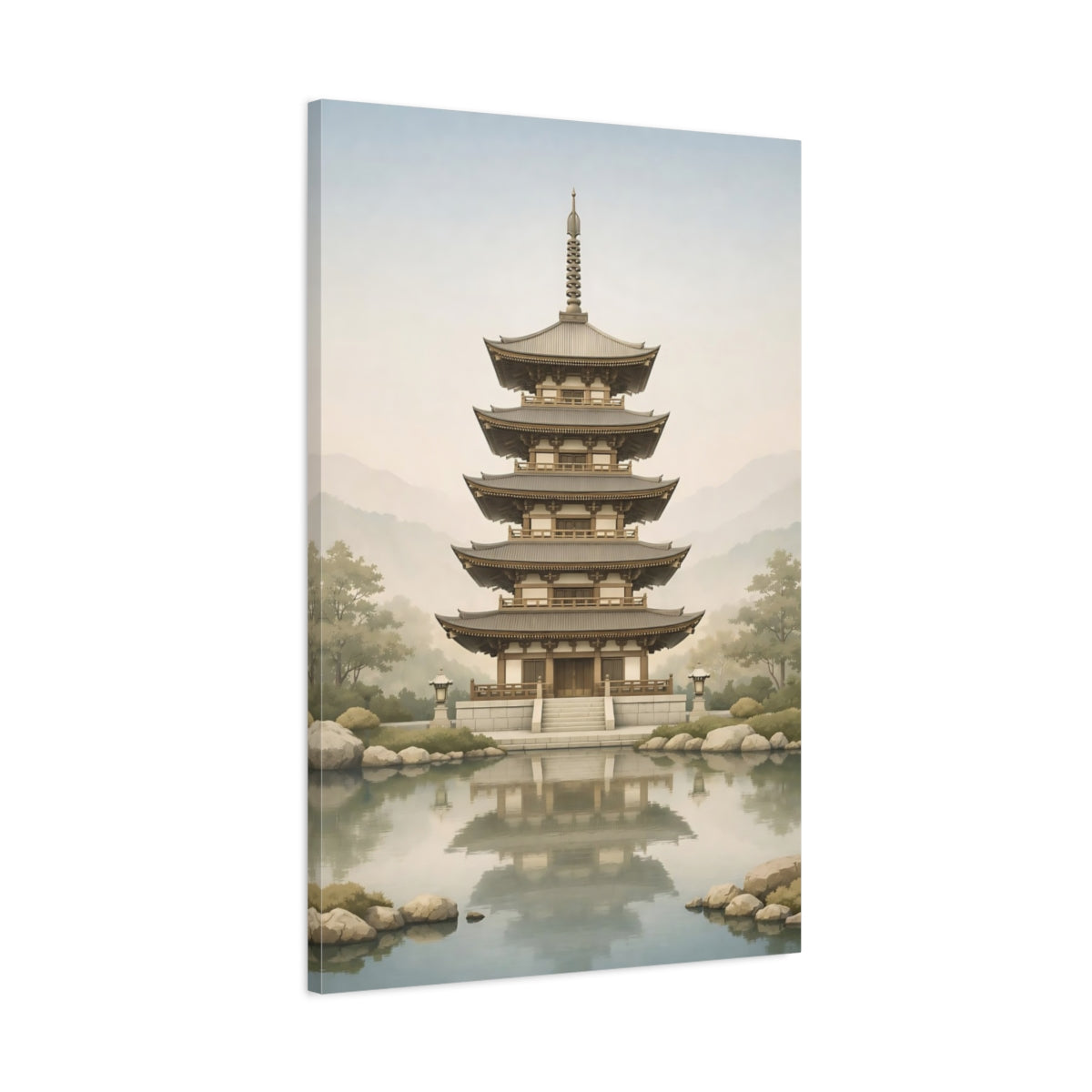 Side Mockup 1. Religious Pagoda Zen Pagoda shown as stretched canvas wall art