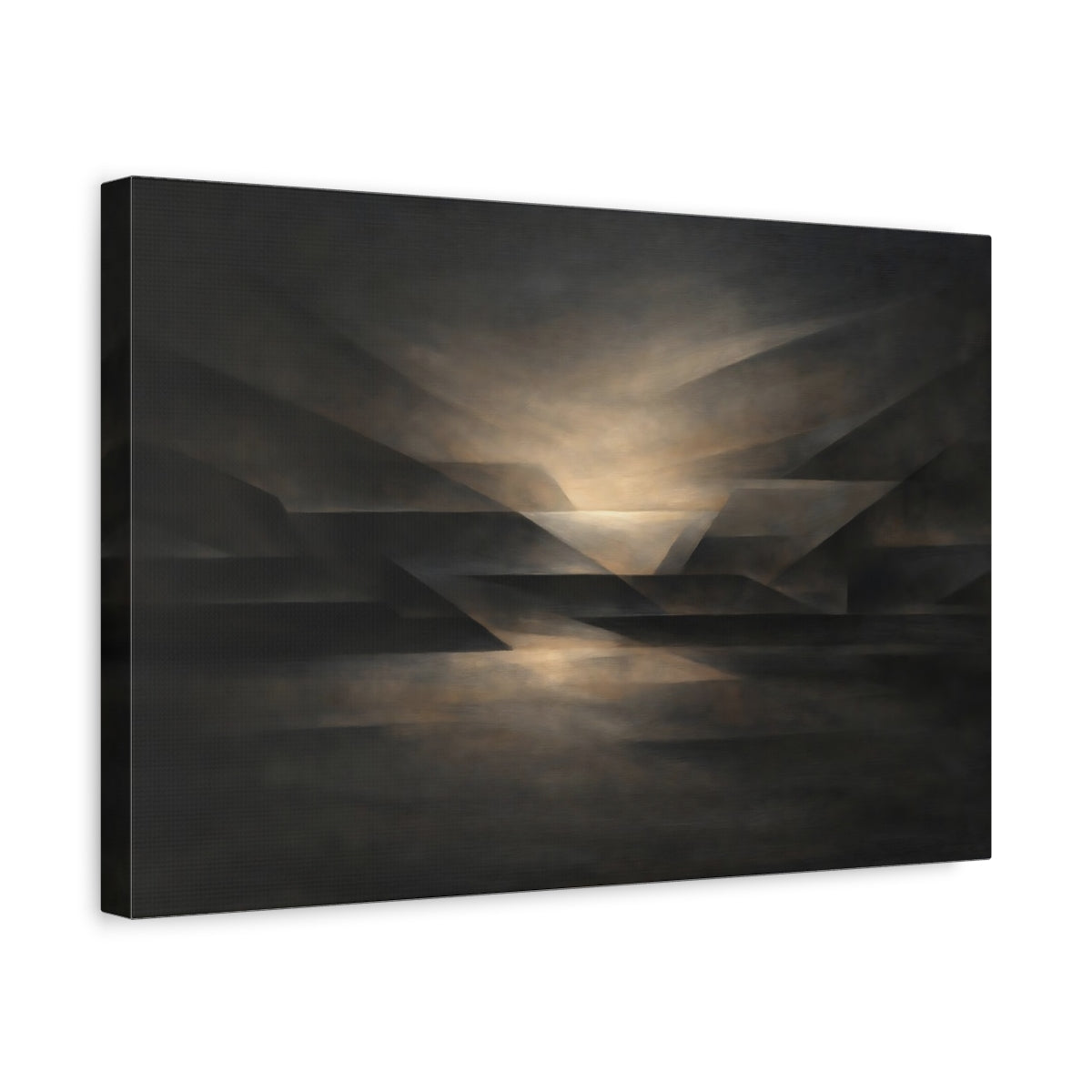 Side Mockup 4. Geometric Dark Neutral Abstract Flow shown as stretched canvas wall art