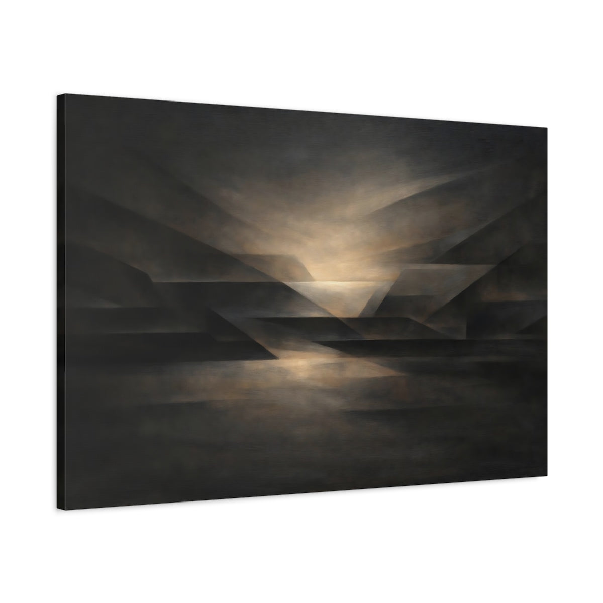 Side Mockup 1. Geometric Dark Neutral Abstract Flow shown as stretched canvas wall art