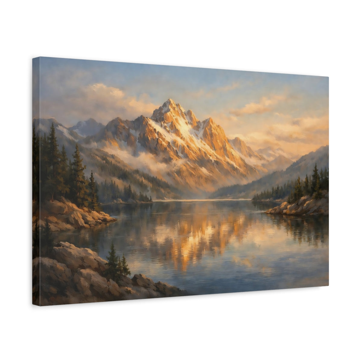 Side Mockup 3. Watercolor Mountain Edge Hard Light shown as stretched canvas wall art