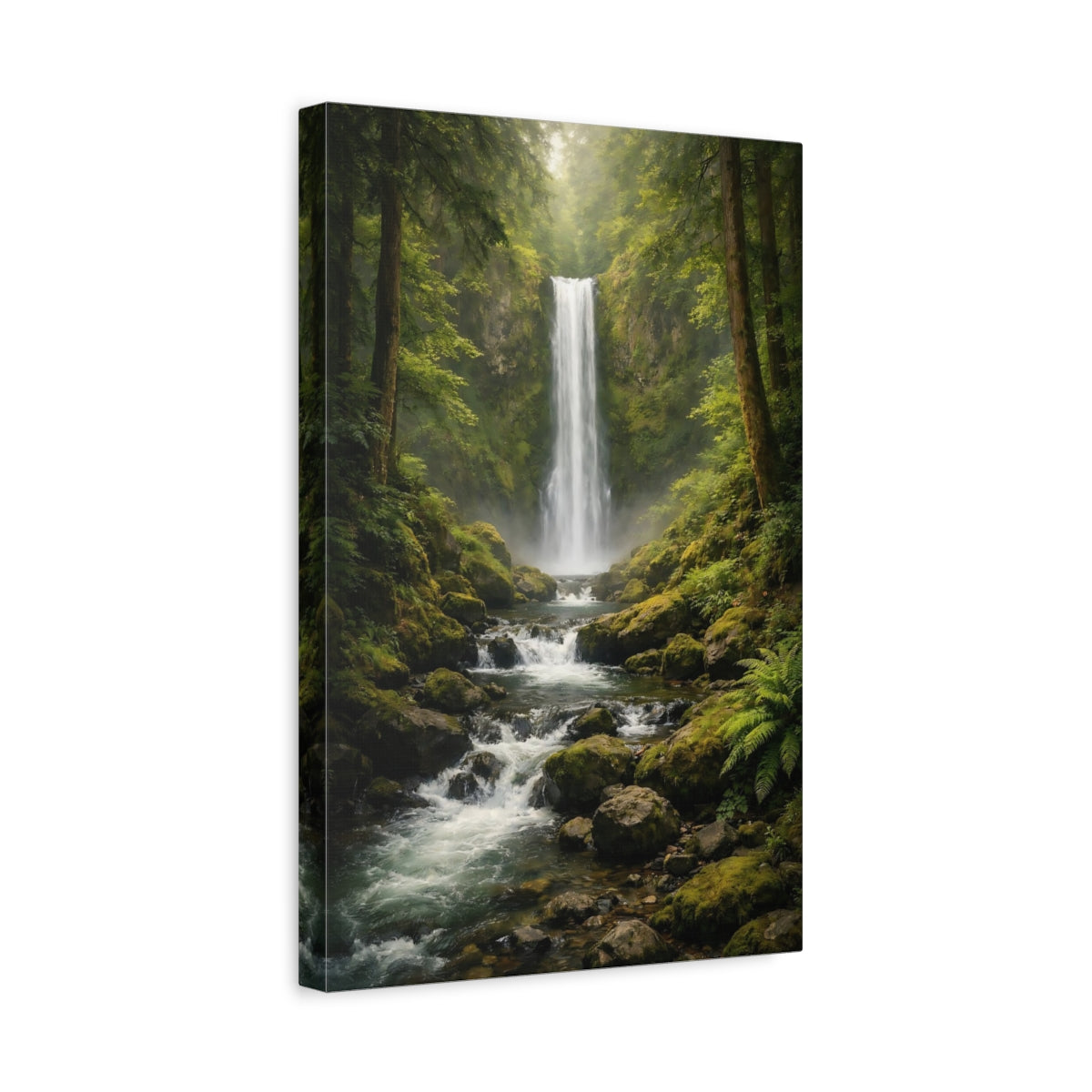 Side Mockup 4. Nature Waterfall Green Waterfall shown as stretched canvas wall art