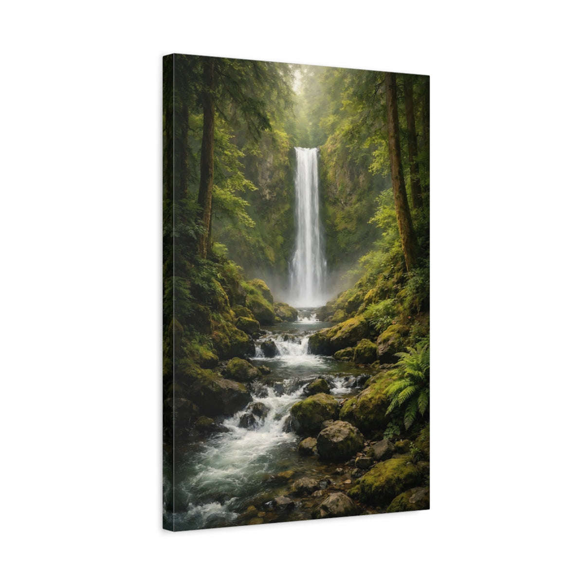 Side Mockup 3. Nature Waterfall Green Waterfall shown as stretched canvas wall art