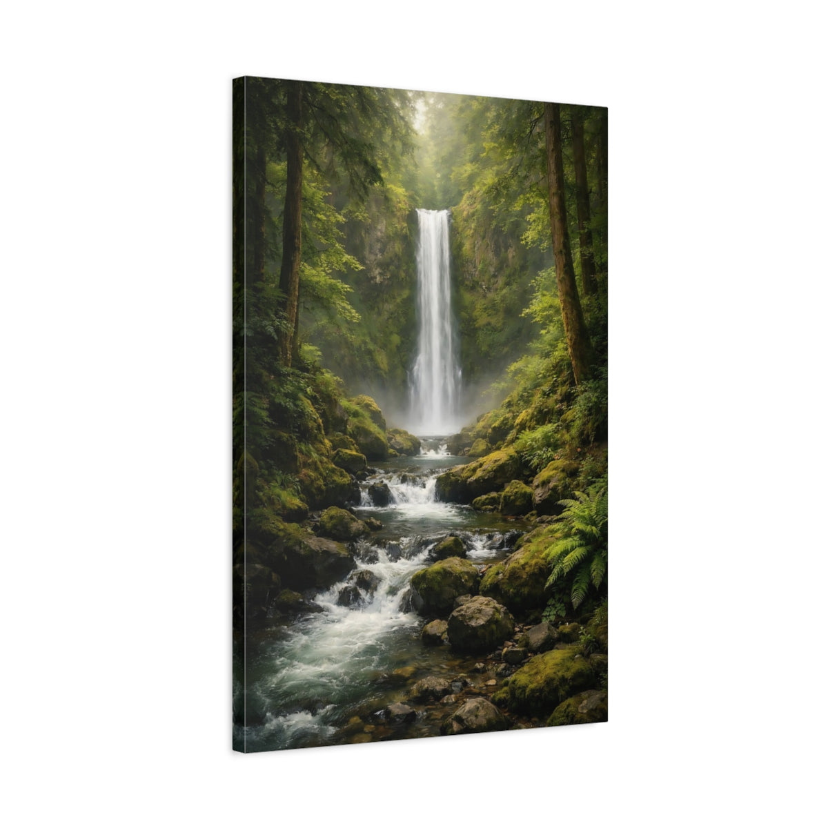 Side Mockup 2. Nature Waterfall Green Waterfall shown as stretched canvas wall art