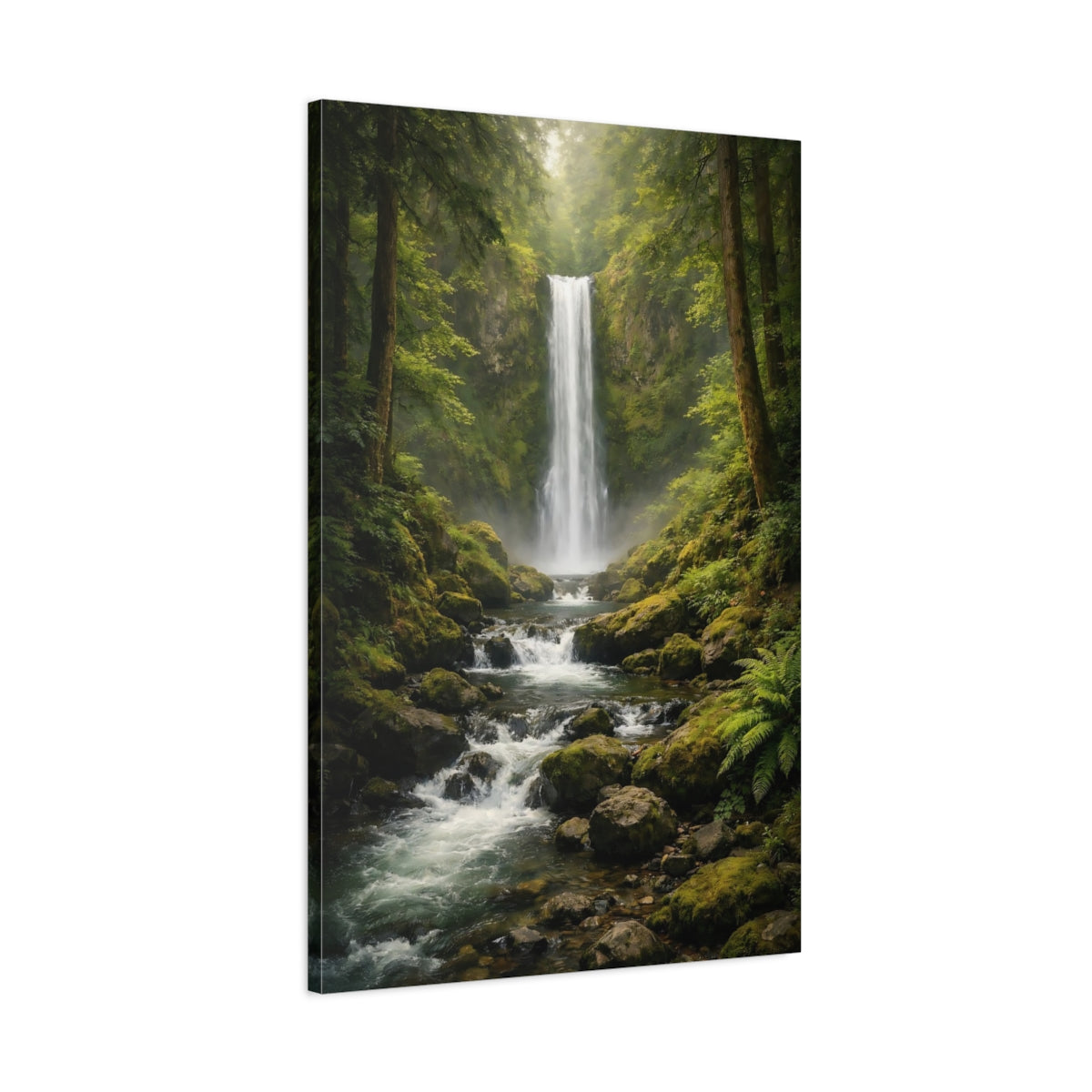 Side Mockup 1. Nature Waterfall Green Waterfall shown as stretched canvas wall art