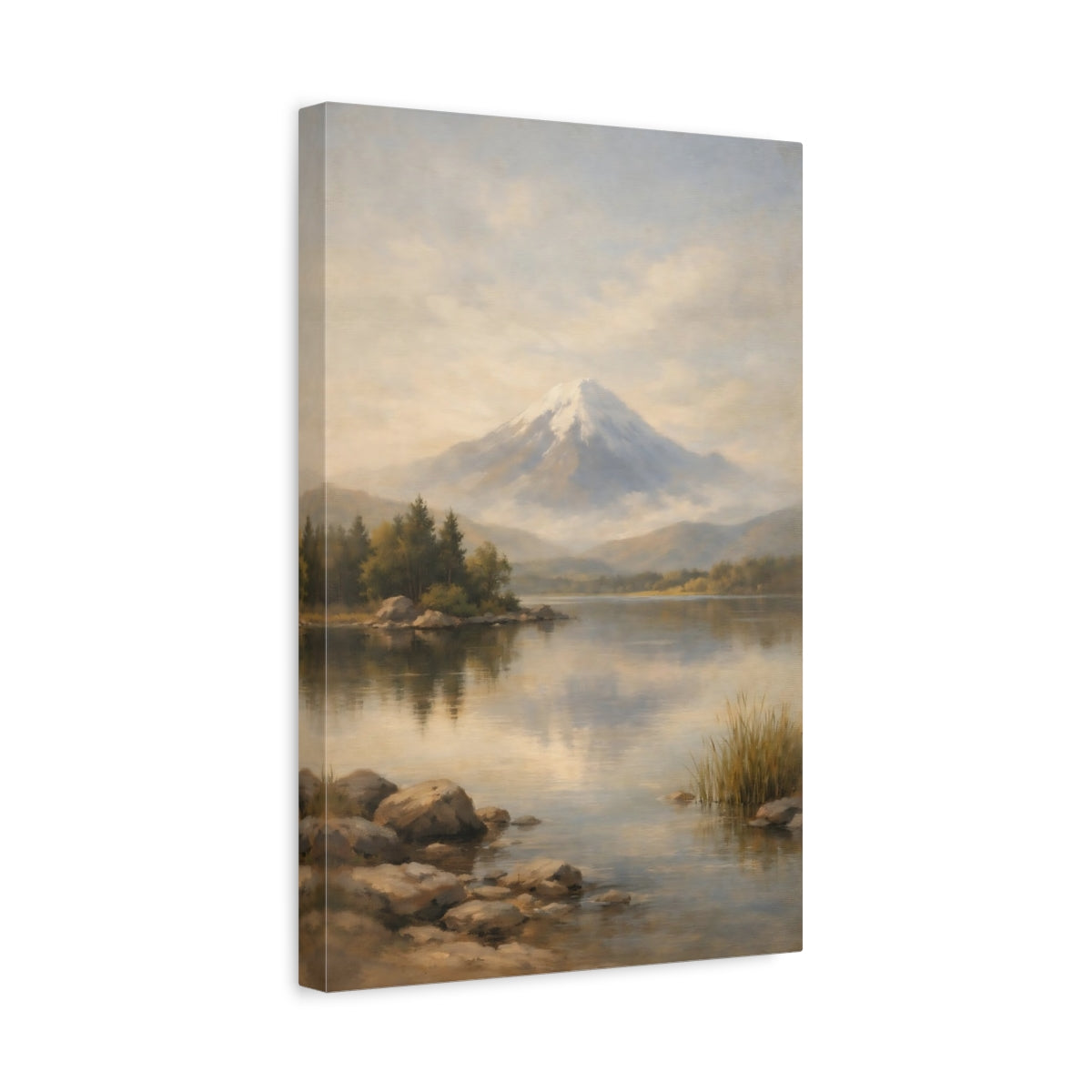 Side Mockup 4. Nature Snowy Mountain Misty Mountain Lake shown as stretched canvas wall art