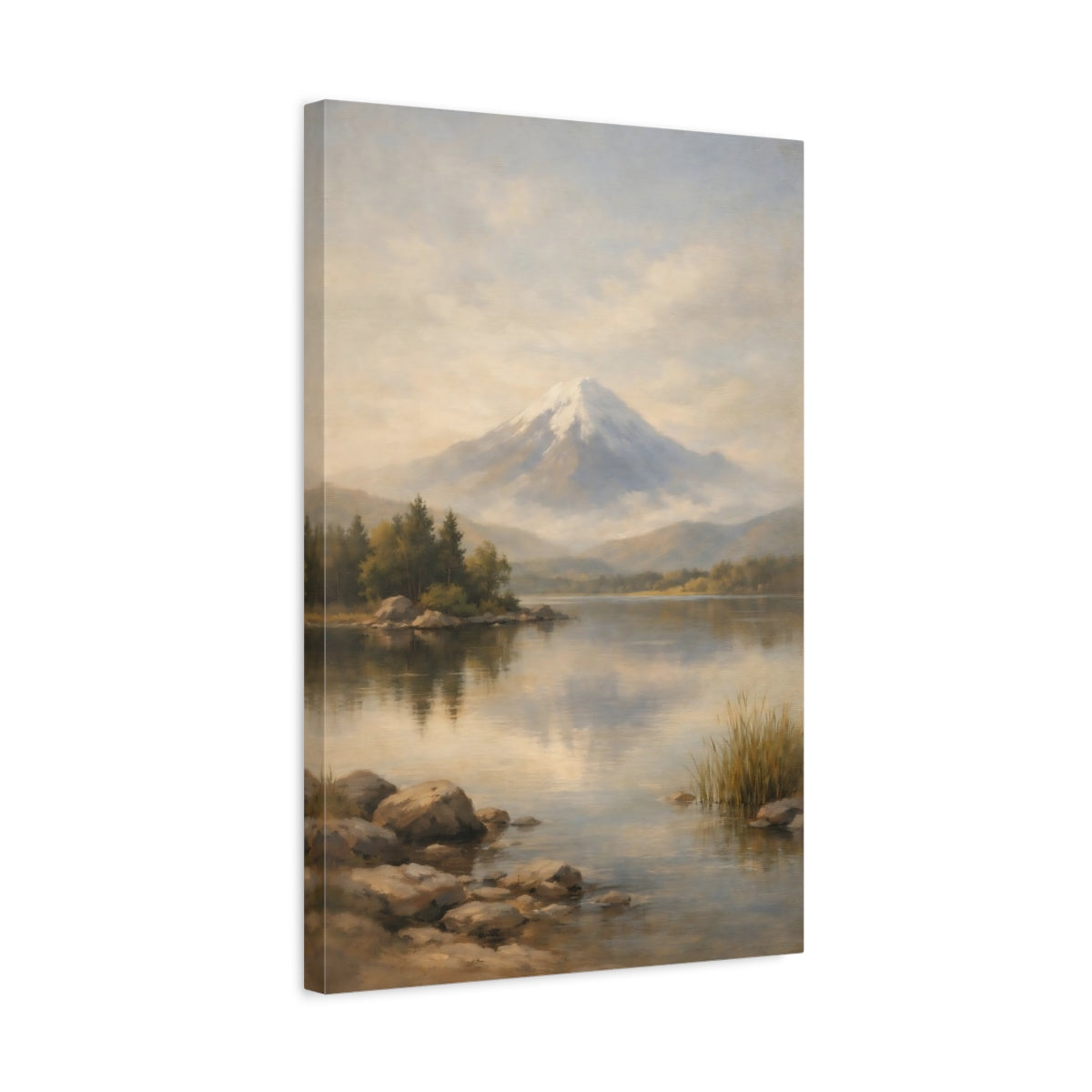 Side Mockup 3. Nature Snowy Mountain Misty Mountain Lake shown as stretched canvas wall art