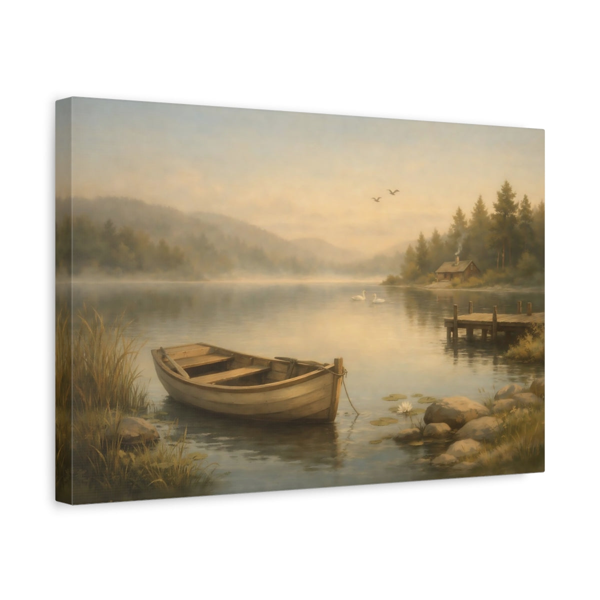 Vintage Peaceful Lake Rowboat Nature - Canvas Wall Art Print