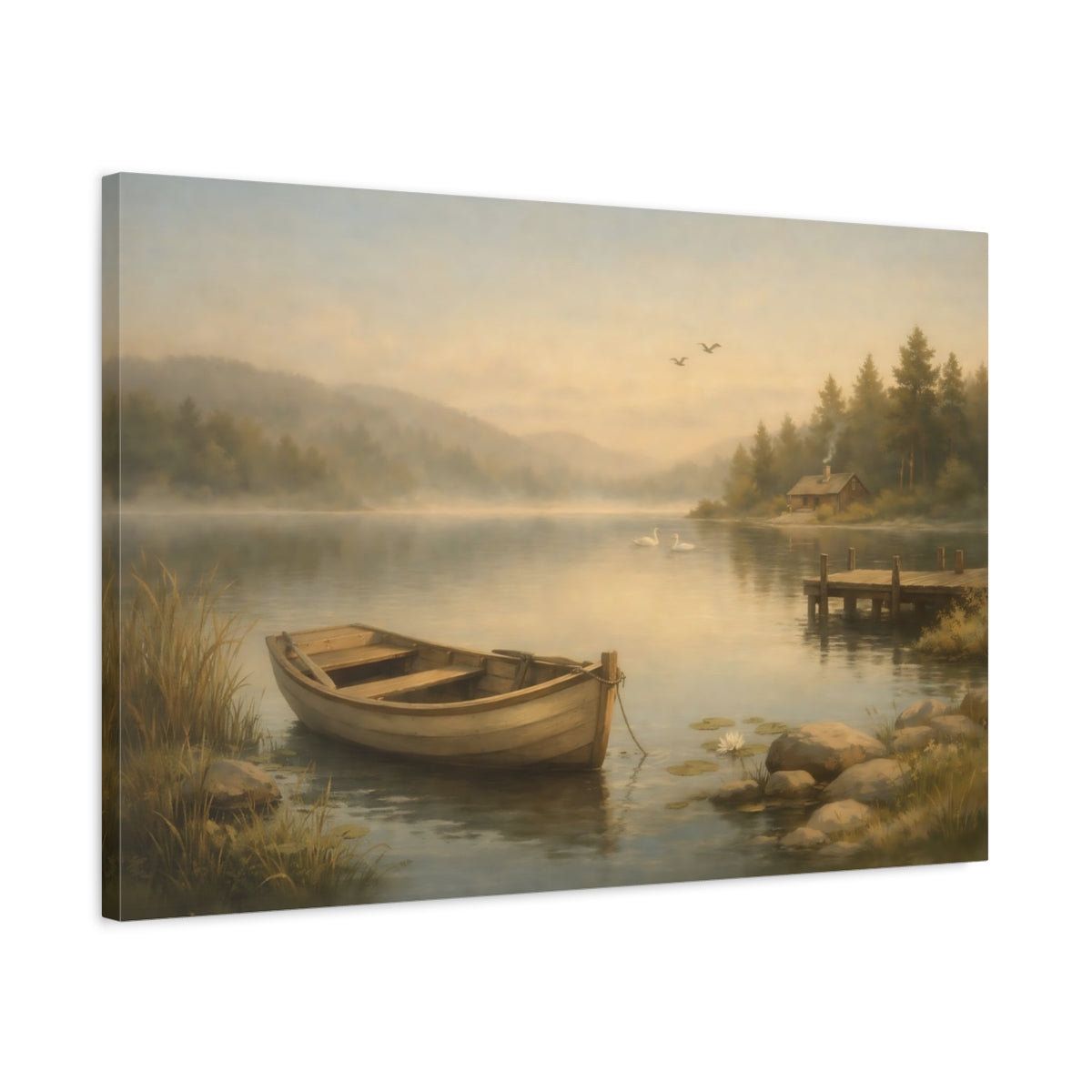 Vintage Peaceful Lake Rowboat Nature - Canvas Wall Art Print