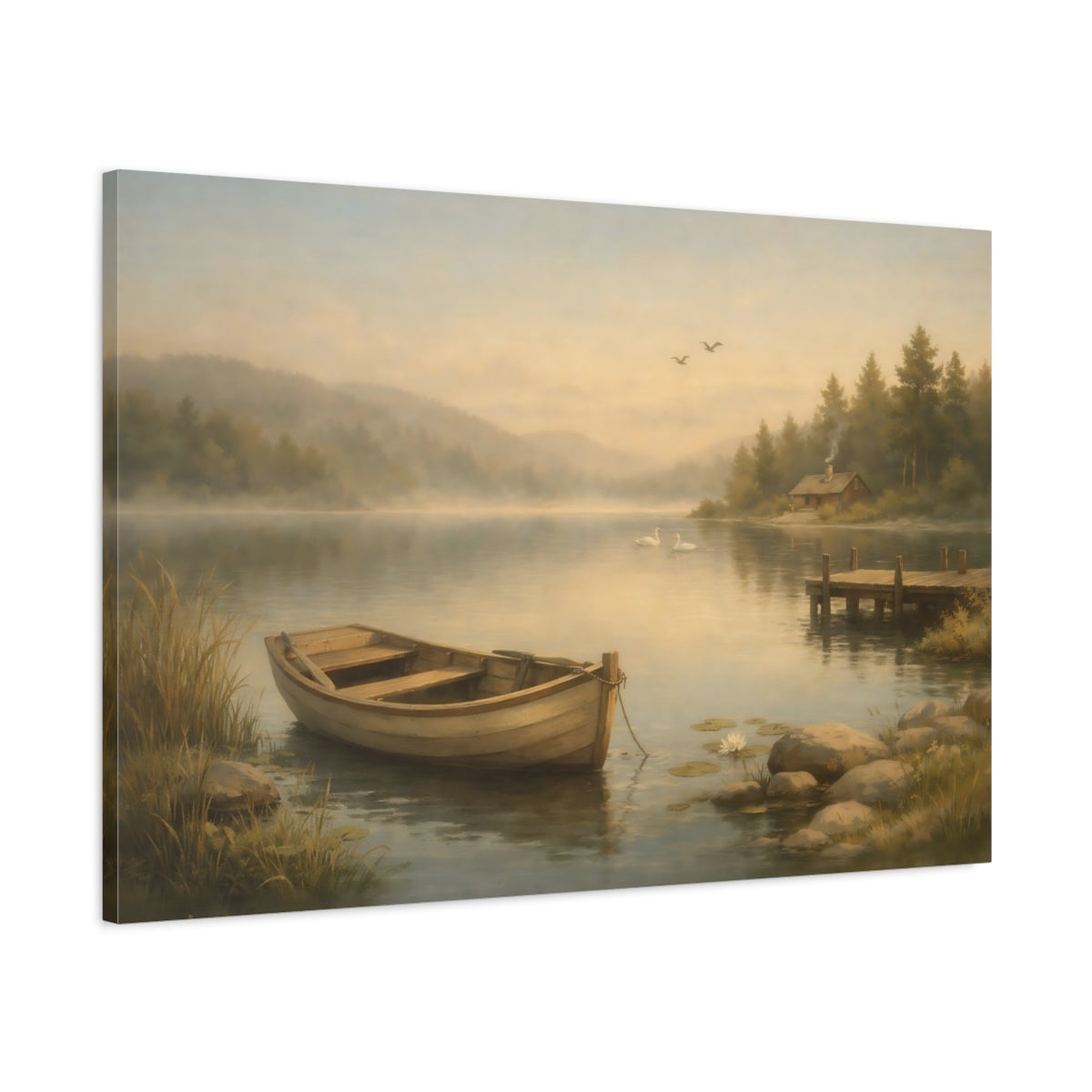 Vintage Peaceful Lake Rowboat Nature - Canvas Wall Art Print