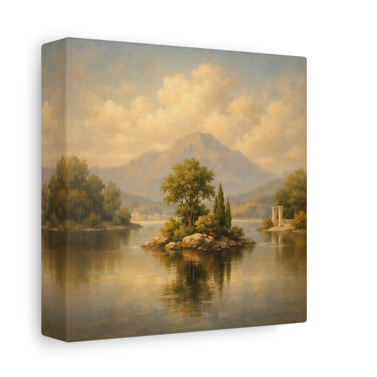 Side Mockup 1. Nature Lake Island Muted Landscape shown as stretched canvas wall art