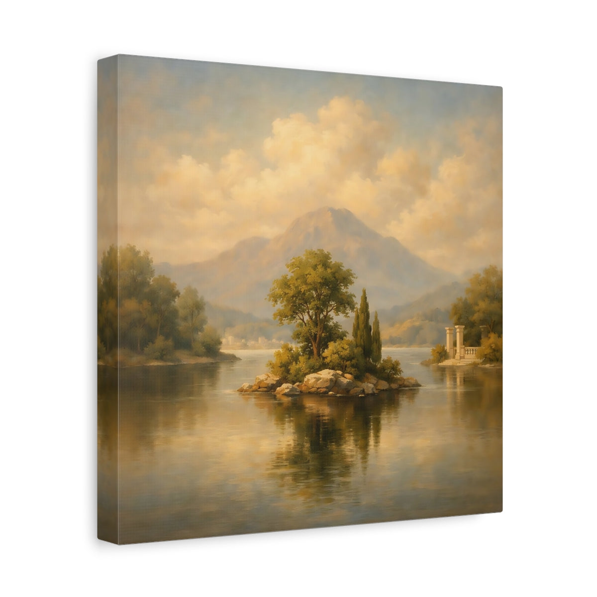 Side Mockup 8. Nature Lake Island Muted Landscape shown as stretched canvas wall art