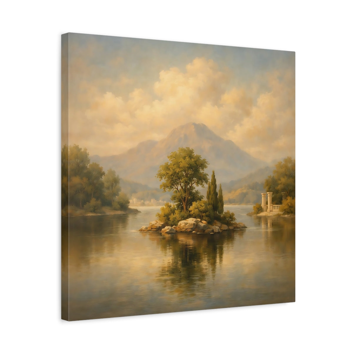 Side Mockup 5. Nature Lake Island Muted Landscape shown as stretched canvas wall art