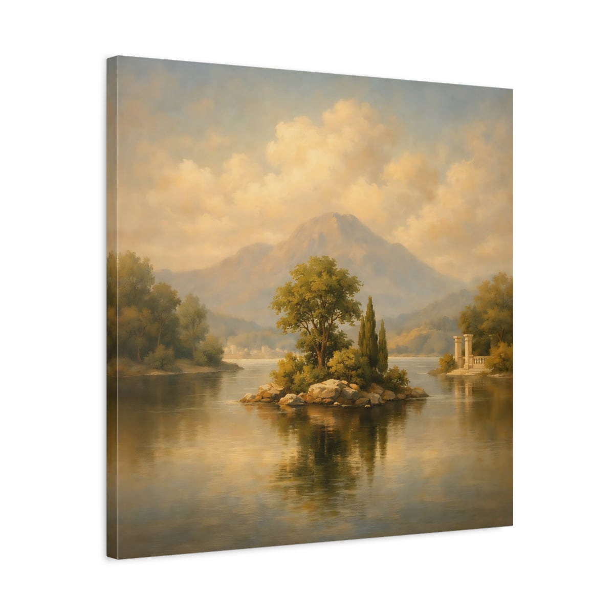 Side Mockup 4. Nature Lake Island Muted Landscape shown as stretched canvas wall art