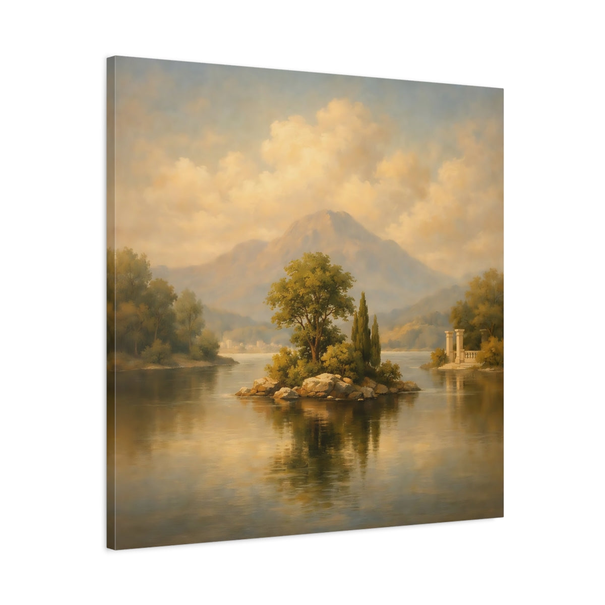 Side Mockup 3. Nature Lake Island Muted Landscape shown as stretched canvas wall art