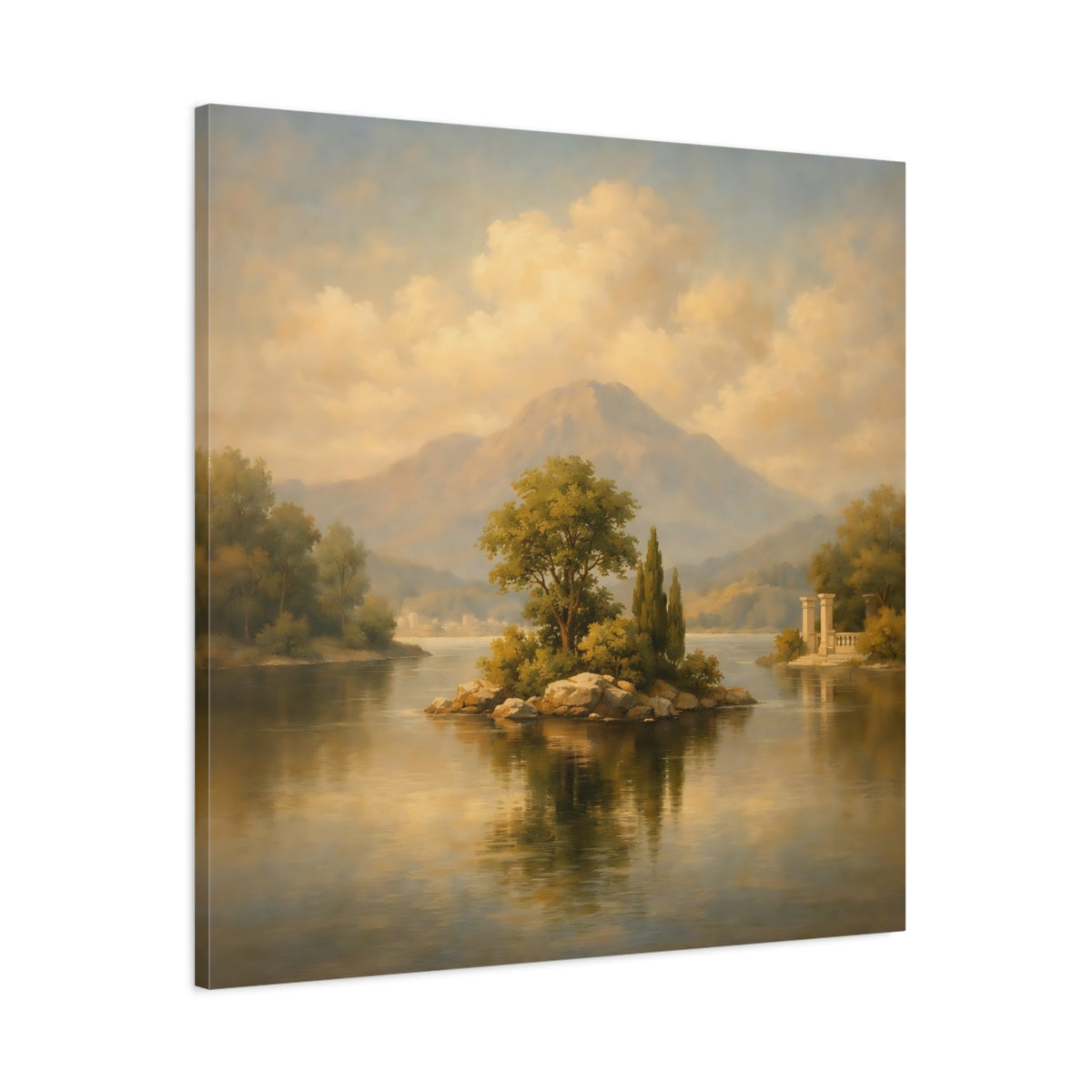 Side Mockup 2. Nature Lake Island Muted Landscape shown as stretched canvas wall art