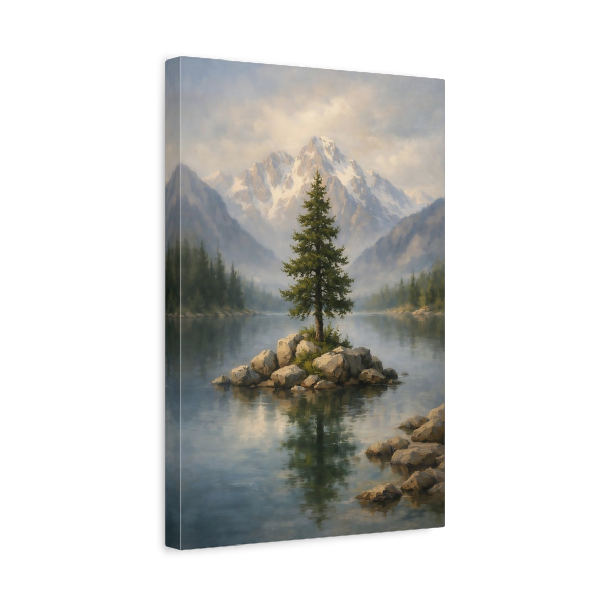 Side Mockup 4. Nature Lone Tree Misty Mountain Lake shown as stretched canvas wall art