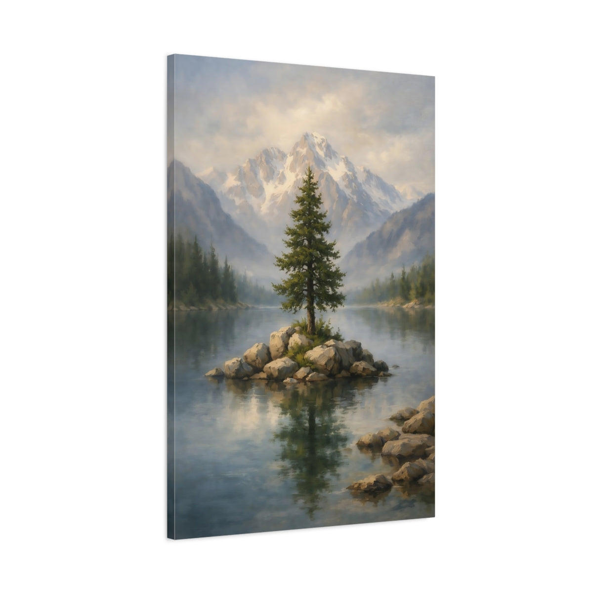 Side Mockup 1. Nature Lone Tree Misty Mountain Lake shown as stretched canvas wall art