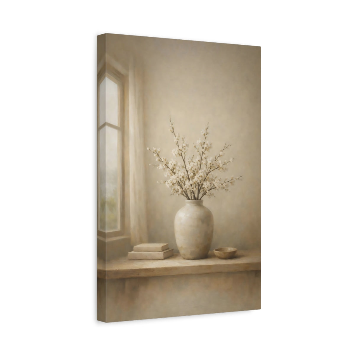 Side Mockup 4. Floral Flowering Branches Beige And White shown as stretched canvas wall art