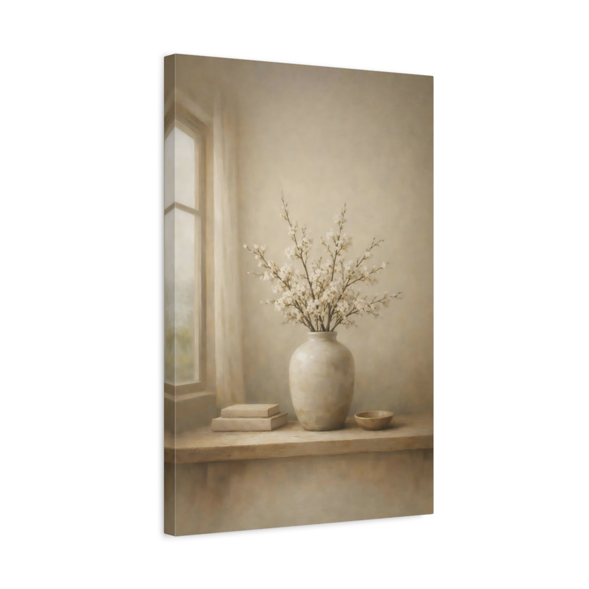 Side Mockup 3. Floral Flowering Branches Beige And White shown as stretched canvas wall art