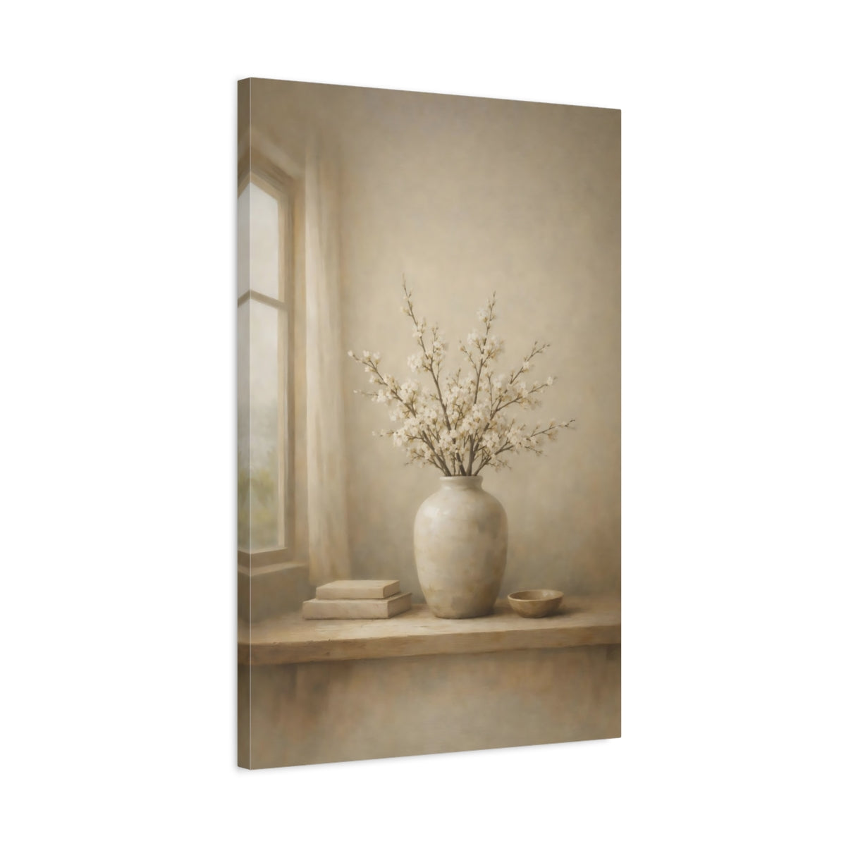 Side Mockup 2. Floral Flowering Branches Beige And White shown as stretched canvas wall art