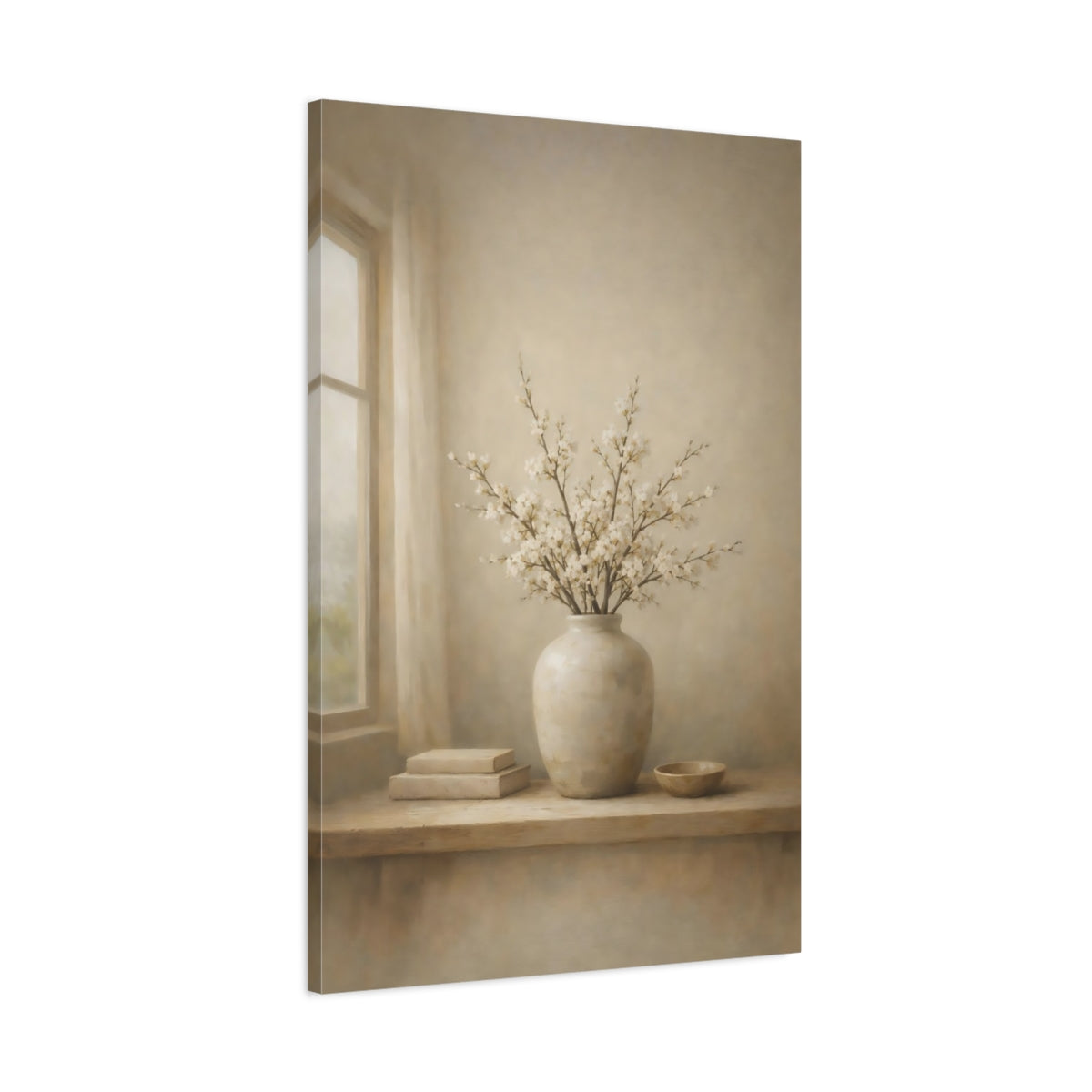 Side Mockup 1. Floral Flowering Branches Beige And White shown as stretched canvas wall art