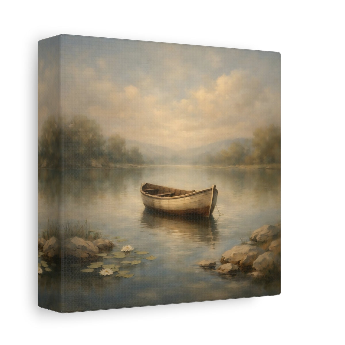 Side Mockup 1. Nature Rowboat Misty Lake Rowboat shown as stretched canvas wall art