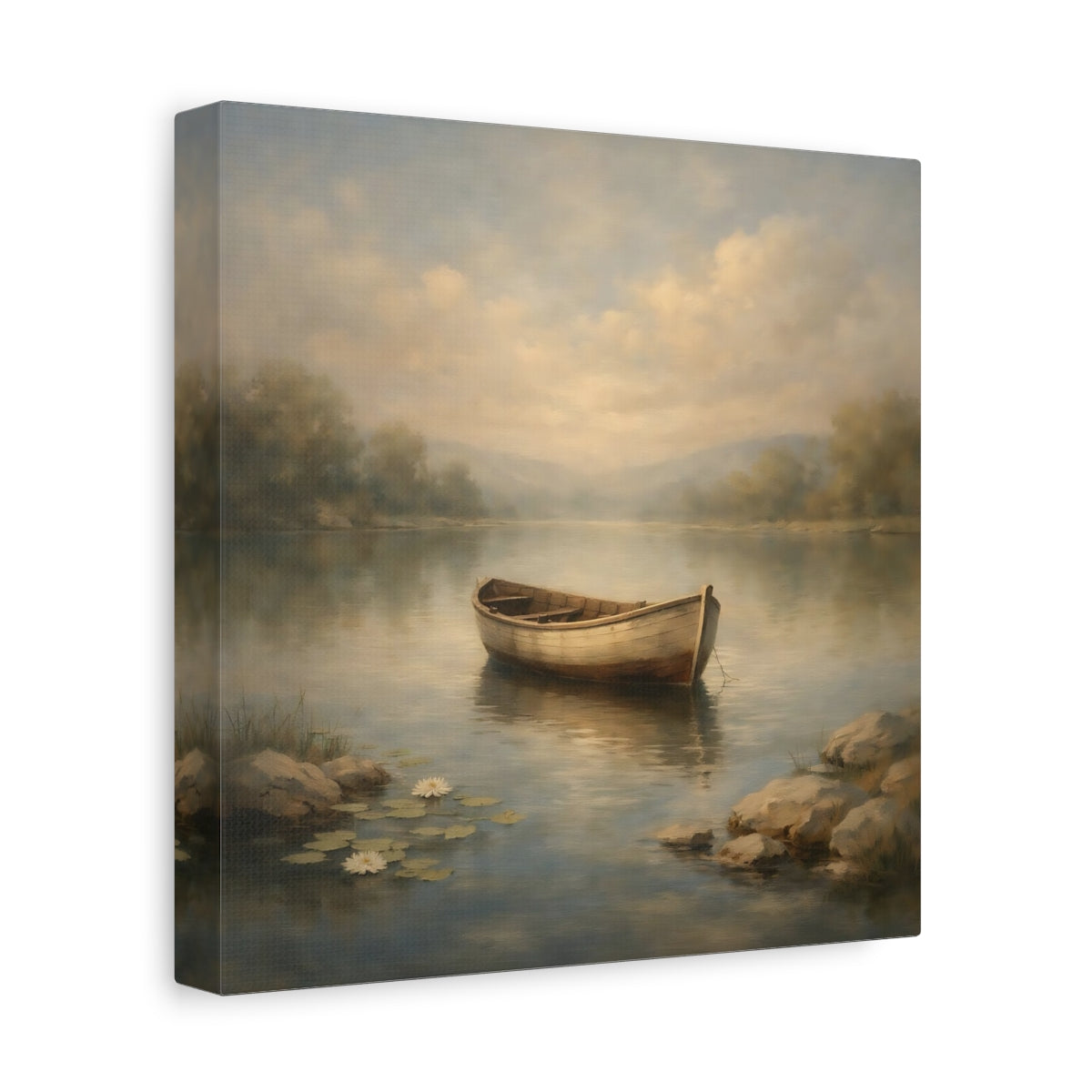 Side Mockup 9. Nature Rowboat Misty Lake Rowboat shown as stretched canvas wall art