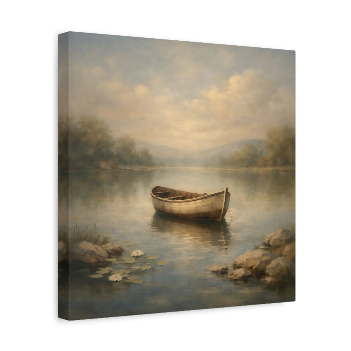 Side Mockup 7. Nature Rowboat Misty Lake Rowboat shown as stretched canvas wall art