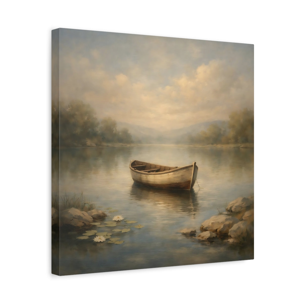 Side Mockup 6. Nature Rowboat Misty Lake Rowboat shown as stretched canvas wall art