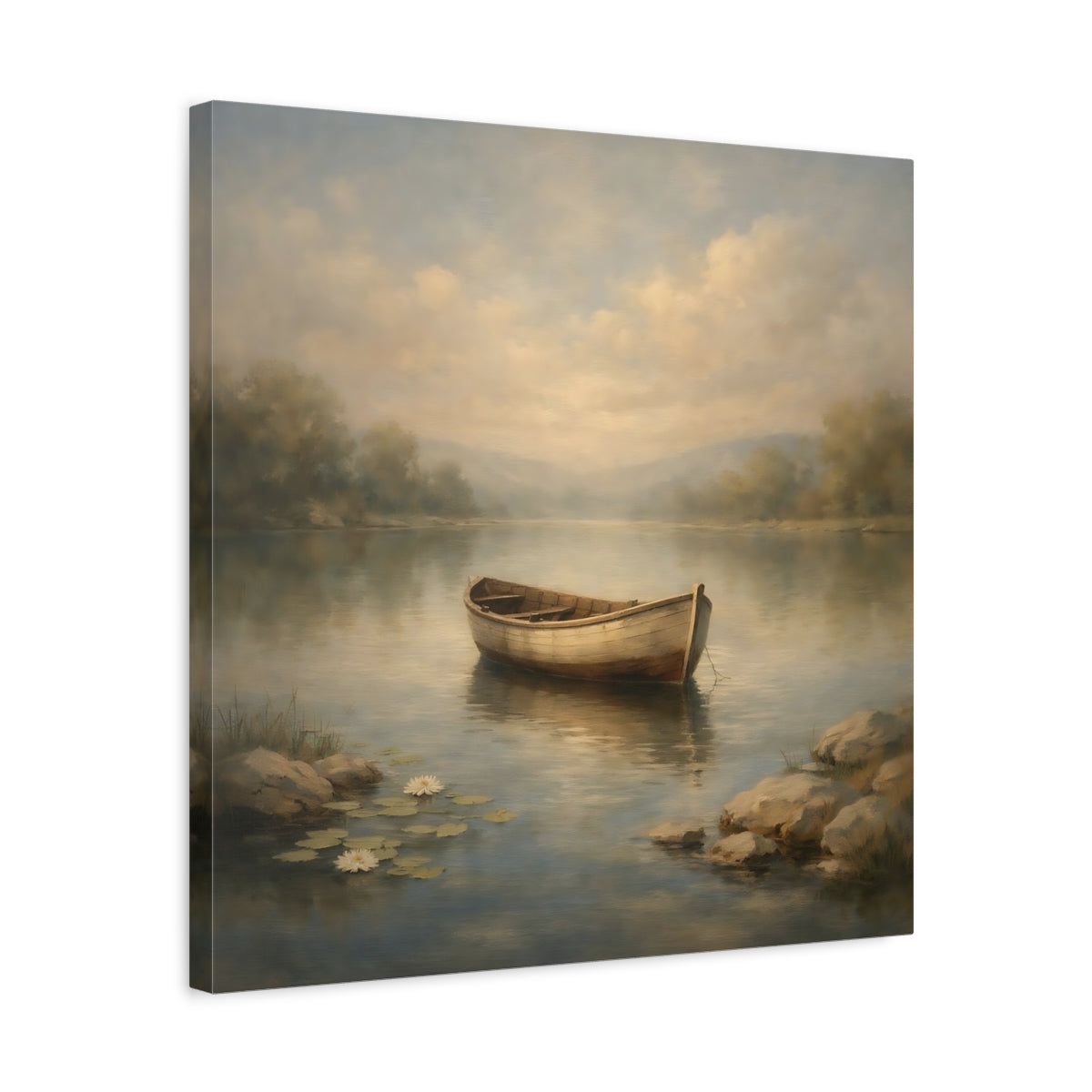 Side Mockup 5. Nature Rowboat Misty Lake Rowboat shown as stretched canvas wall art