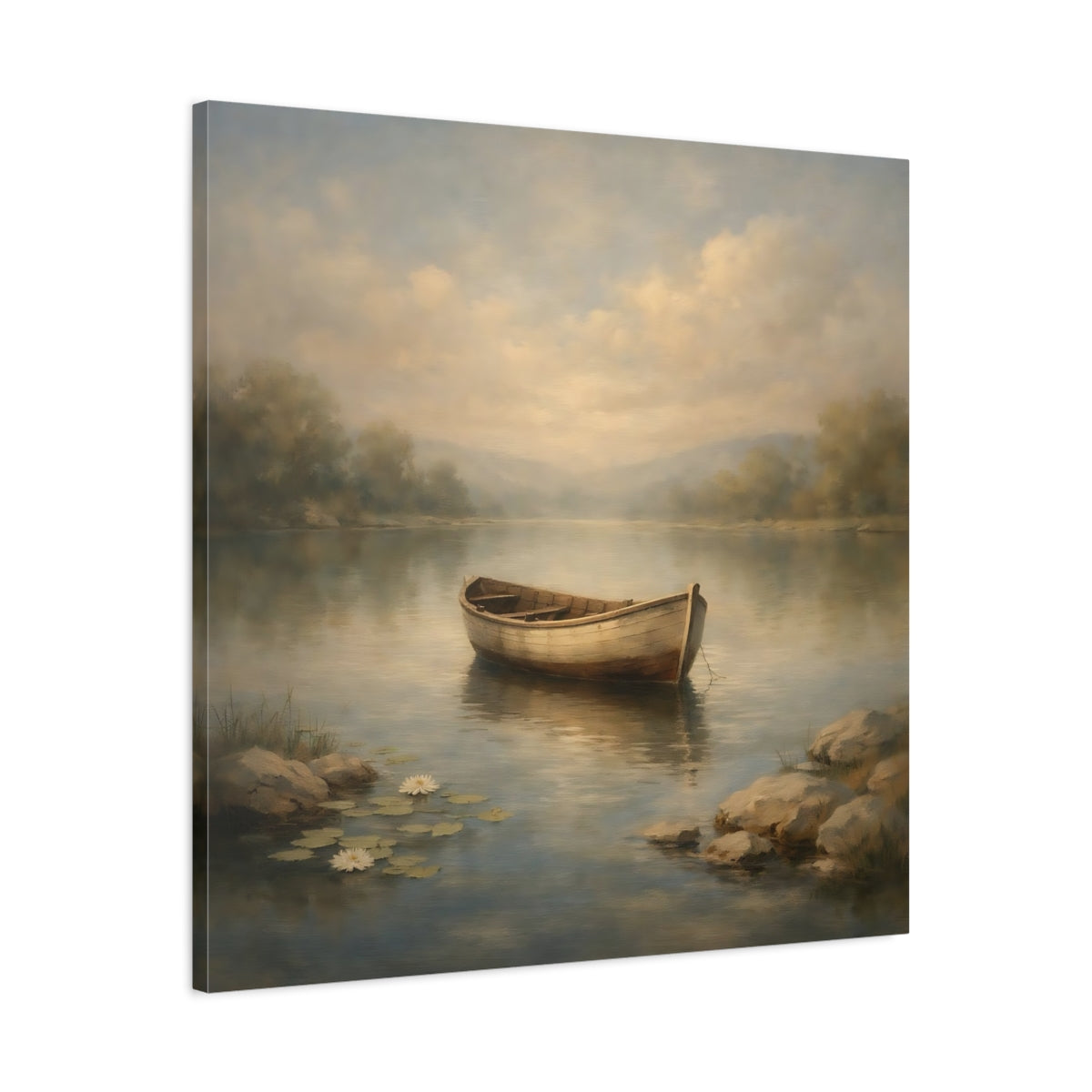 Side Mockup 3. Nature Rowboat Misty Lake Rowboat shown as stretched canvas wall art
