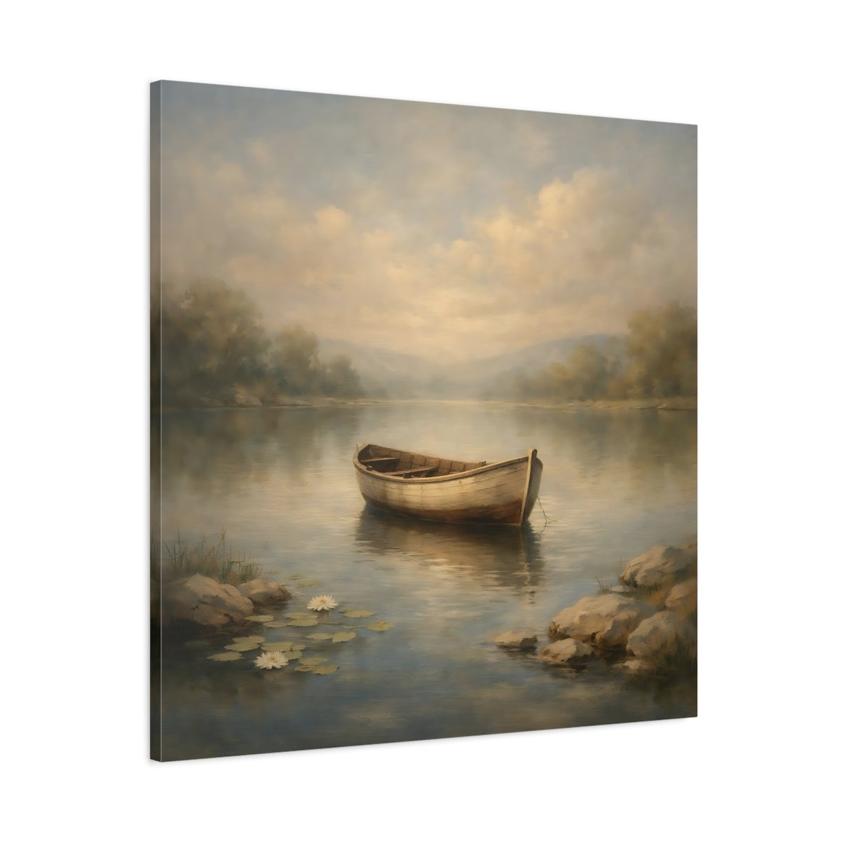 Side Mockup 2. Nature Rowboat Misty Lake Rowboat shown as stretched canvas wall art