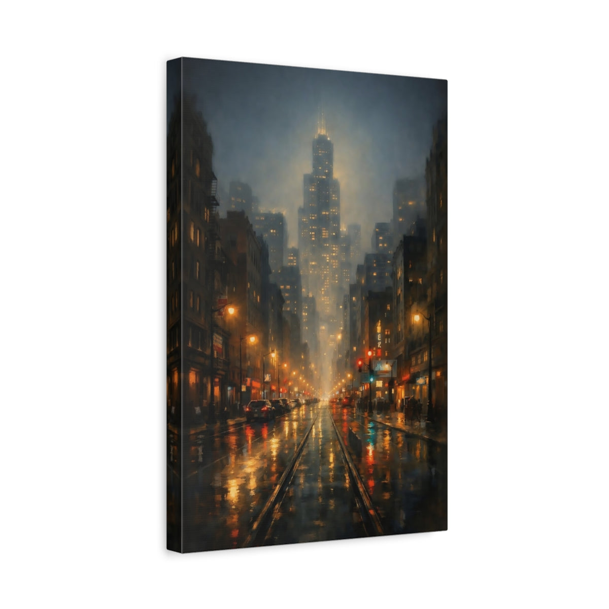 Side Mockup 4. Vintage City Street Urban Night Scene shown as stretched canvas wall art