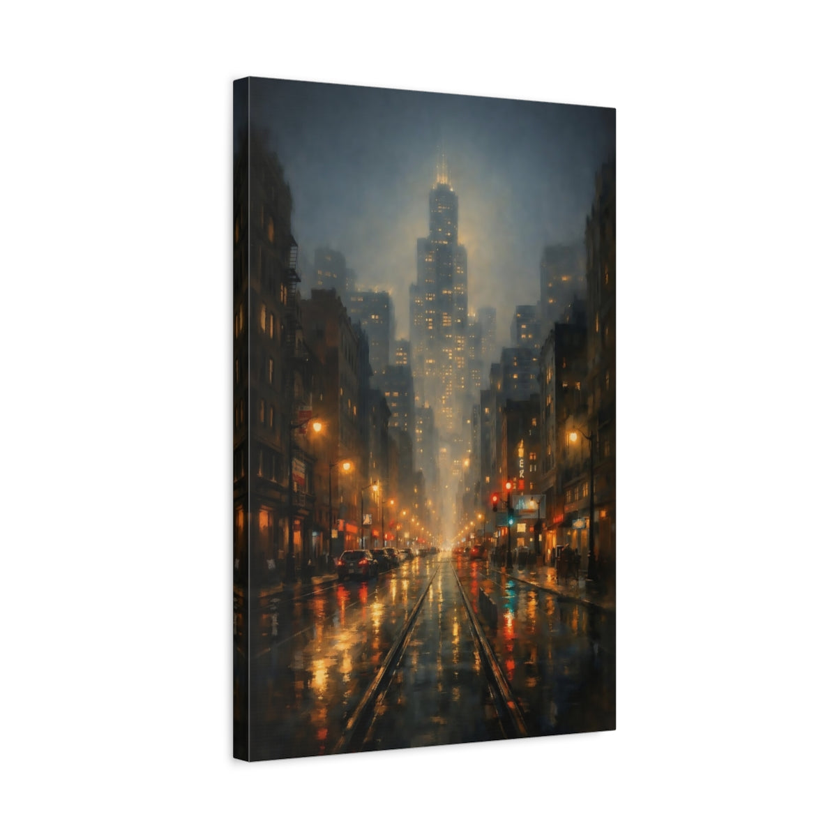 Side Mockup 3. Vintage City Street Urban Night Scene shown as stretched canvas wall art