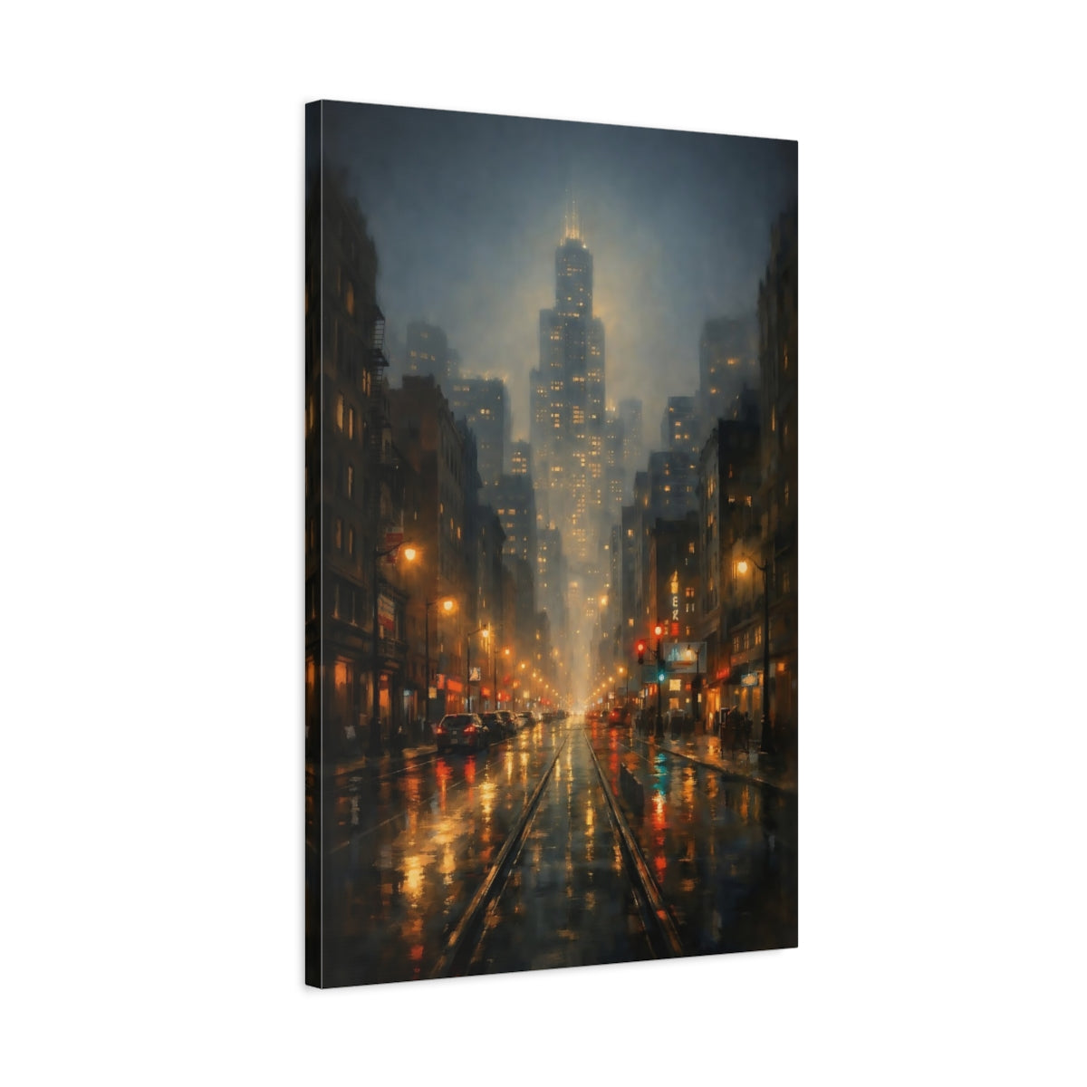 Side Mockup 2. Vintage City Street Urban Night Scene shown as stretched canvas wall art